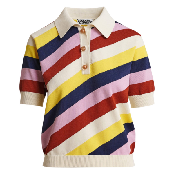 Essentiel Antwerp Off-White And Multicolor Striped Knit Polo With Constrasting Buttons - Essentiel Antwerp Tops - Colorful Belgian Design - Shop at Coveti