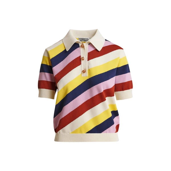 Essentiel Antwerp Off-White And Multicolor Striped Knit Polo With Constrasting Buttons - Essentiel Antwerp Tops - Colorful Belgian Design - Shop at Coveti