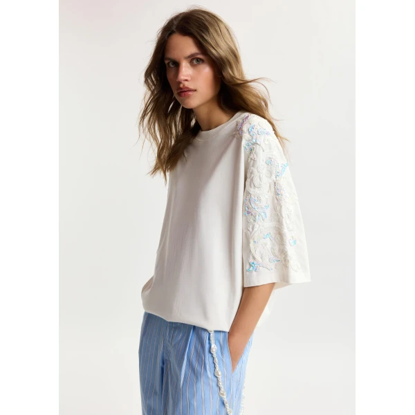 Essentiel Antwerp Off-White Cotton T-Shirt With Sequin And Bead Embellishments Top, view 2