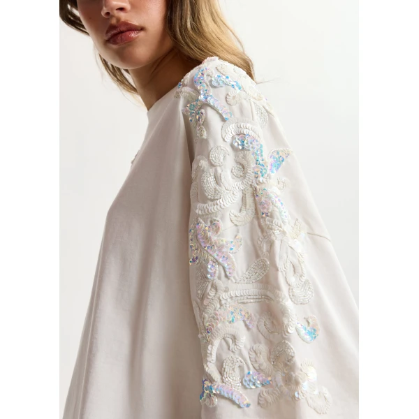 Essentiel Antwerp Off-White Cotton T-Shirt With Sequin And Bead Embellishments Top, view 3