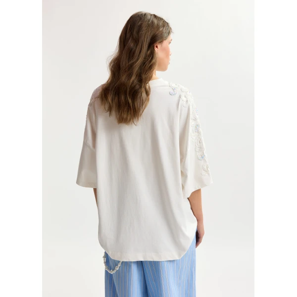 Essentiel Antwerp Off-White Cotton T-Shirt With Sequin And Bead Embellishments Top, view 4