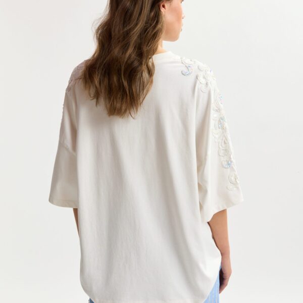 Essentiel Antwerp Off-White Cotton T-Shirt With Sequin And Bead Embellishments - Essentiel Antwerp Tops - Colorful Belgian Design - Shop at Coveti