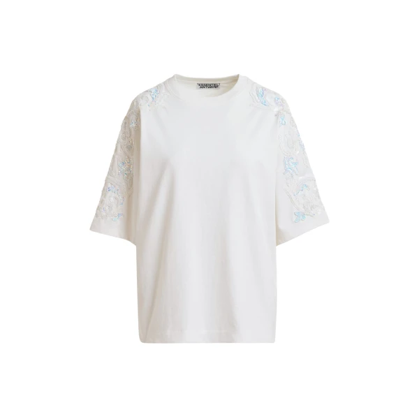 Essentiel Antwerp Off-White Cotton T-Shirt With Sequin And Bead Embellishments - Essentiel Antwerp Tops - Colorful Belgian Design - Shop at Coveti