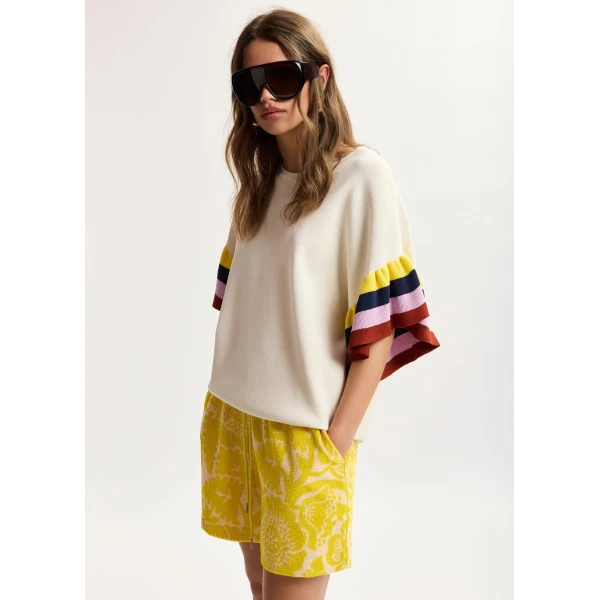 Essentiel Antwerp Off-White Knitted Top With Multicolored Striped Layered Sleeves, view 2