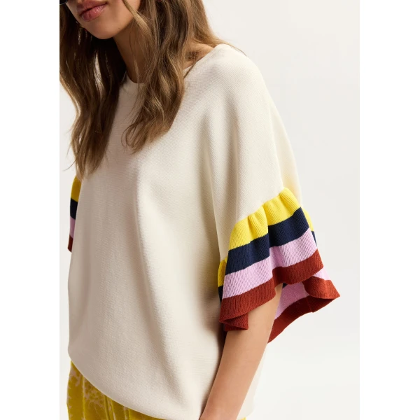 Essentiel Antwerp Off-White Knitted Top With Multicolored Striped Layered Sleeves, view 3