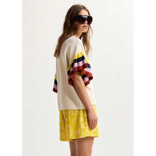 Essentiel Antwerp Off-White Knitted Top With Multicolored Striped Layered Sleeves, view 4