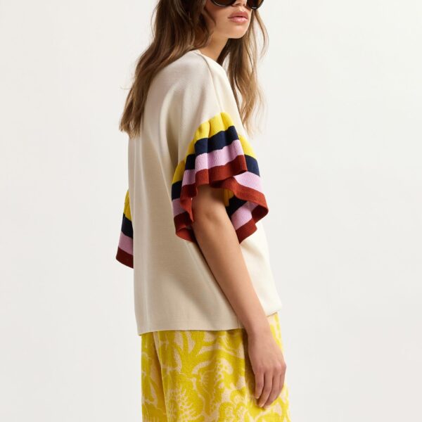 Essentiel Antwerp Off-White Knitted Top With Multicolored Striped Layered Sleeves - Essentiel Antwerp Tops - Colorful Belgian Design - Shop at Coveti