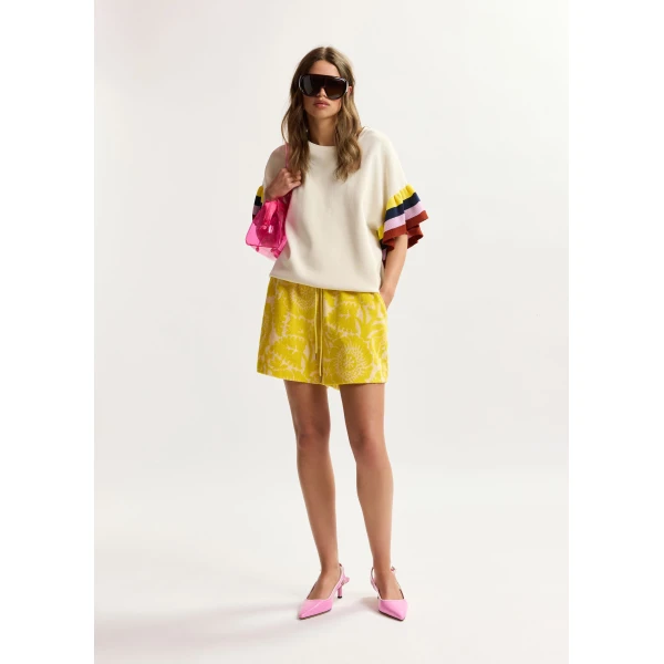 Essentiel Antwerp Off-White Knitted Top With Multicolored Striped Layered Sleeves, view 5