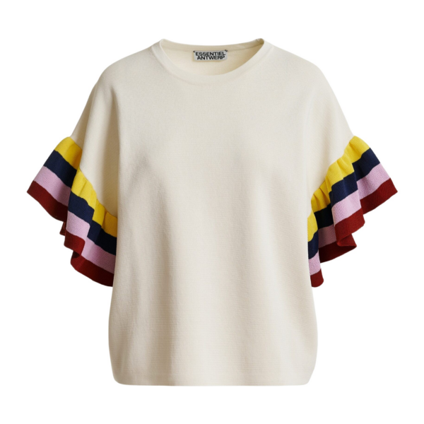 Essentiel Antwerp Off-White Knitted Top With Multicolored Striped Layered Sleeves - Essentiel Antwerp Tops - Colorful Belgian Design - Shop at Coveti
