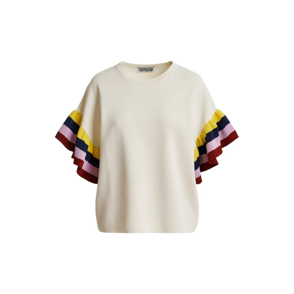 Essentiel Antwerp Off-White Knitted Top With Multicolored Striped Layered Sleeves - Essentiel Antwerp Tops - Colorful Belgian Design - Shop at Coveti