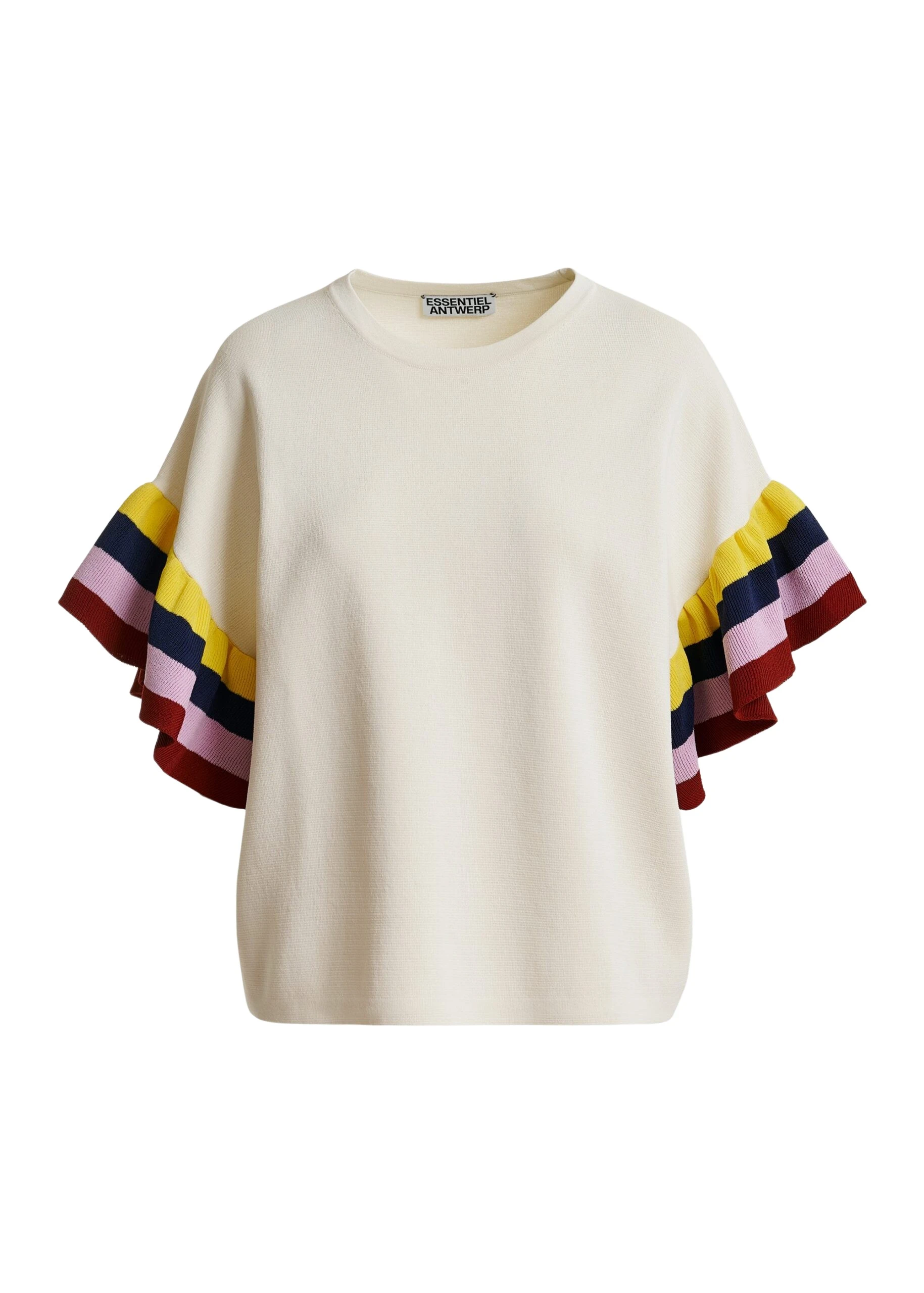 Essentiel-Antwerp-Off-White-Knitted-Top-With-Multicolored-Striped-Layered-Sleeves-scaled29928_nobg Essentiel Antwerp Off-White Knitted Top With Multicolored Striped Layered Sleeves - Essentiel Antwerp Tops - Colorful Belgian Design - Shop at Coveti