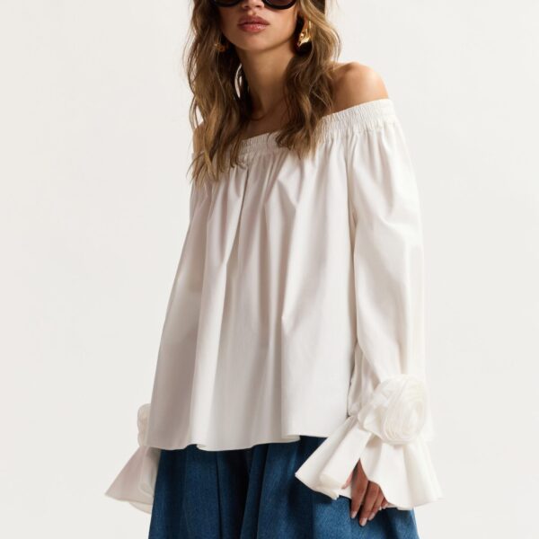 Essentiel Antwerp Off-White Strapless Cotton Top With Rosette Details - Essentiel Antwerp Tops - Colorful Belgian Design - Shop at Coveti