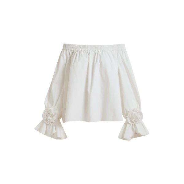 Essentiel Antwerp Off-White Strapless Cotton Top With Rosette Details - Essentiel Antwerp Tops - Colorful Belgian Design - Shop at Coveti