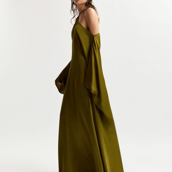 Essentiel Antwerp Olive Green Halterneck Maxi Dress With Waterfall Sides - Essentiel Antwerp Dresses - Colorful Belgian Design - Shop at Coveti