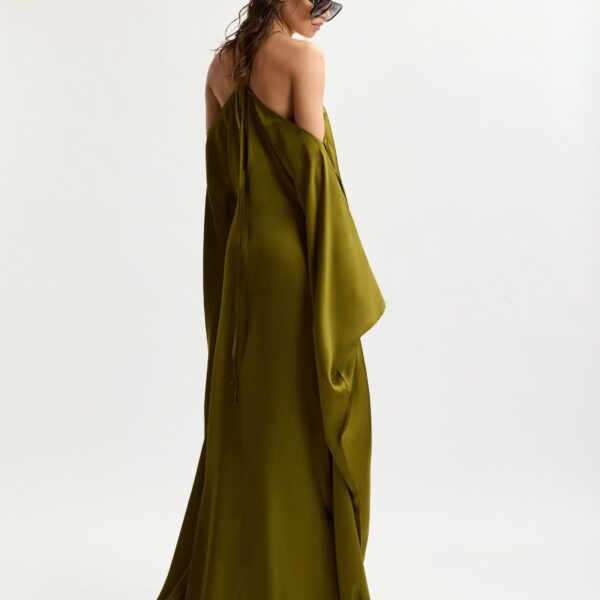 Essentiel Antwerp Olive Green Halterneck Maxi Dress With Waterfall Sides - Essentiel Antwerp Dresses - Colorful Belgian Design - Shop at Coveti