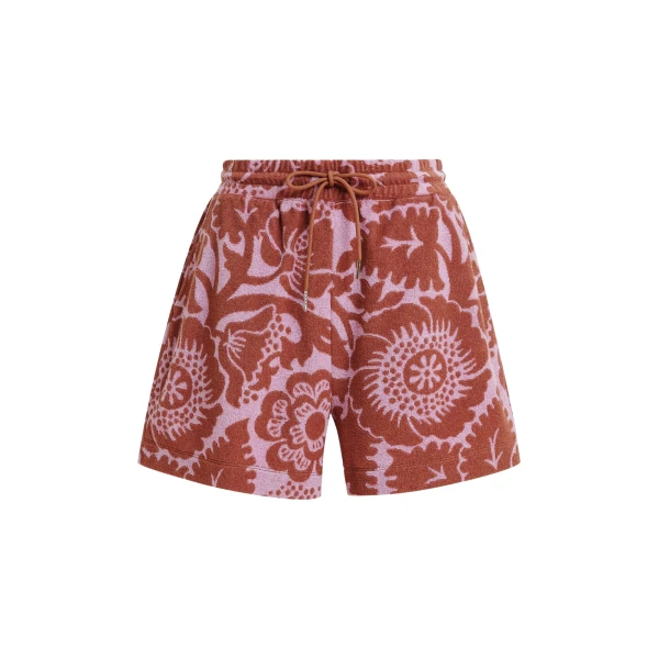 Essentiel Antwerp Pink And Brown Floral Jacquard Cotton-Blend Shorts With Drawstring Waist - Essentiel Antwerp Shorts - Colorful Belgian Design - Shop at Coveti