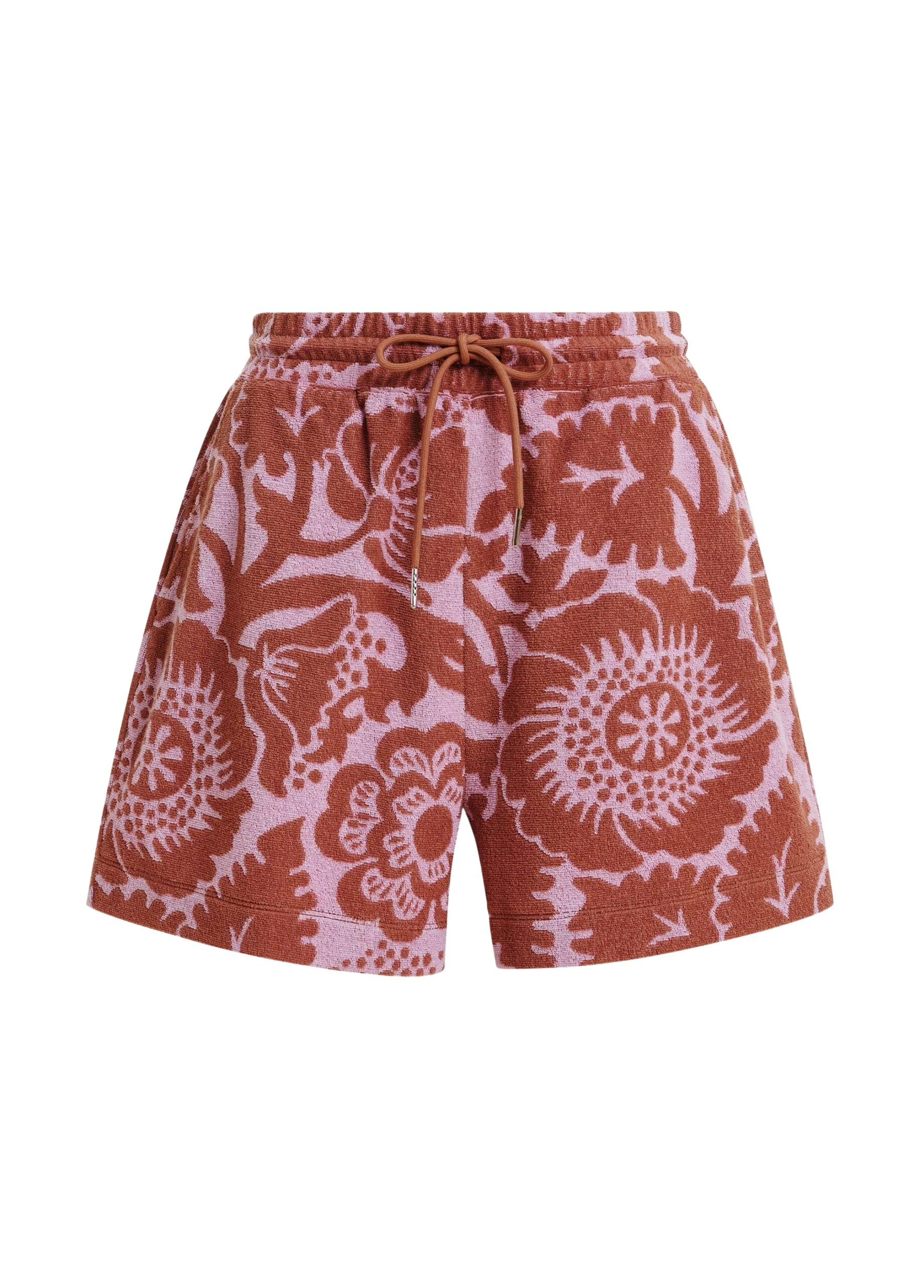 Essentiel-Antwerp-Pink-And-Brown-Floral-Jacquard-Cotton-Blend-Shorts-With-Drawstring-Waist-scaled86558_nobg Essentiel Antwerp Pink And Brown Floral Jacquard Cotton-Blend Shorts With Drawstring Waist - Essentiel Antwerp Shorts - Colorful Belgian Design - Shop at Coveti