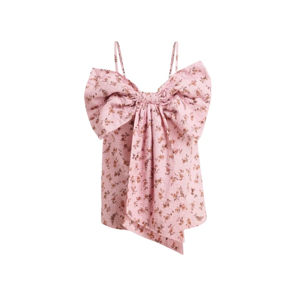 Essentiel Antwerp Pink And Brown Floral Print Cotton Top With Bow Detail - Essentiel Antwerp Tops - Colorful Belgian Design - Shop at Coveti