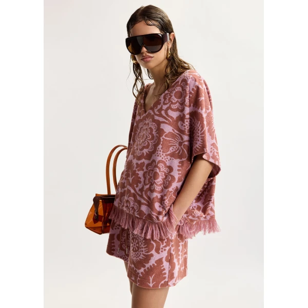 Essentiel Antwerp Pink And Brown Textured Floral Jacquard Cotton-Blend Top With Fringed Trims, view 2