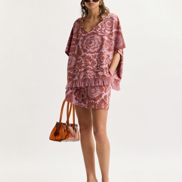 Essentiel Antwerp Pink And Brown Textured Floral Jacquard Cotton-Blend Top With Fringed Trims - Essentiel Antwerp Tops - Colorful Belgian Design - Shop at Coveti