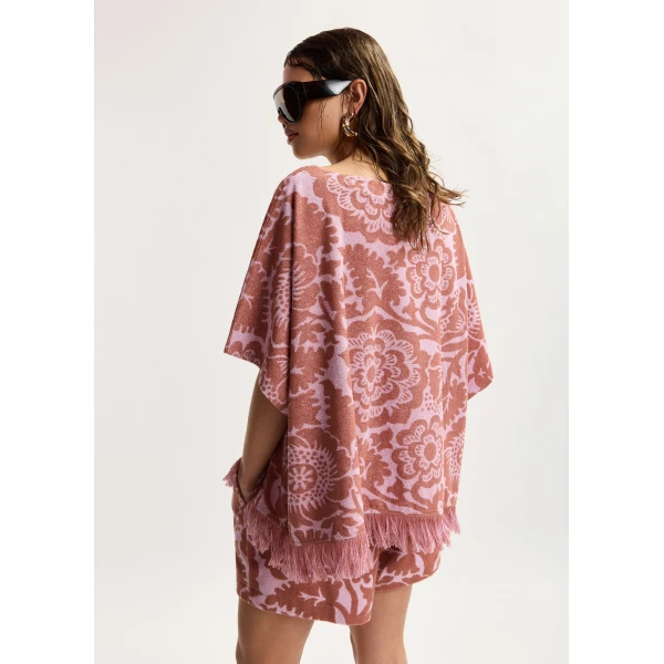Essentiel Antwerp Pink And Brown Textured Floral Jacquard Cotton-Blend Top With Fringed Trims, view 4