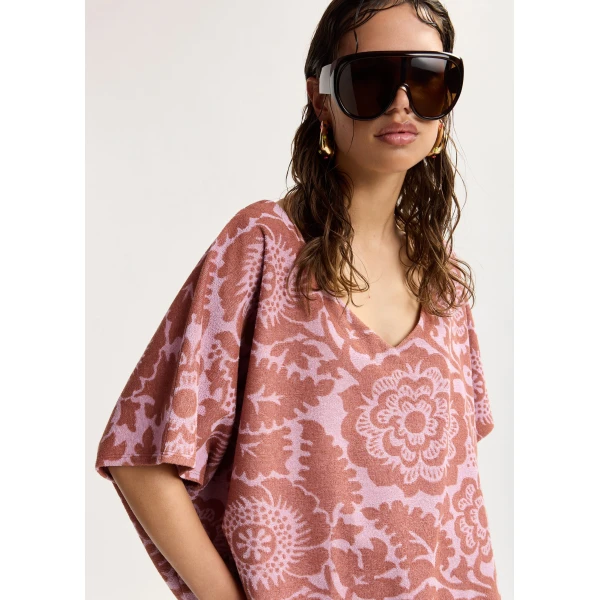 Essentiel Antwerp Pink And Brown Textured Floral Jacquard Cotton-Blend Top With Fringed Trims, view 5