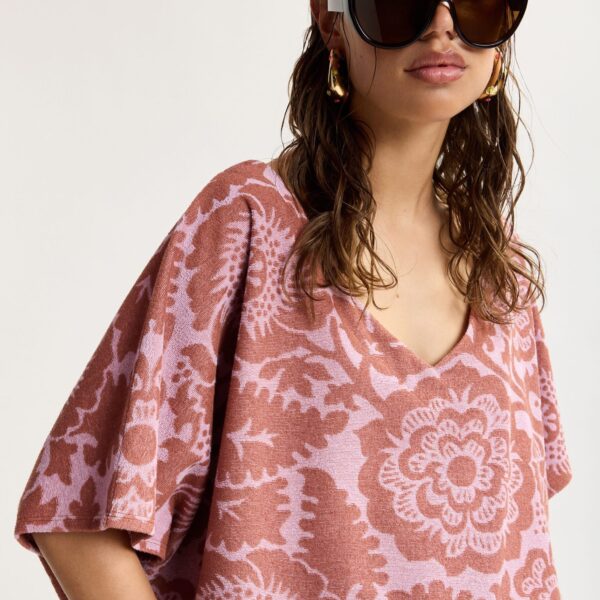 Essentiel Antwerp Pink And Brown Textured Floral Jacquard Cotton-Blend Top With Fringed Trims - Essentiel Antwerp Tops - Colorful Belgian Design - Shop at Coveti