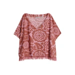 Essentiel Antwerp Pink And Brown Textured Floral Jacquard Cotton-Blend Top With Fringed Trims - Essentiel Antwerp Tops - Colorful Belgian Design - Shop at Coveti