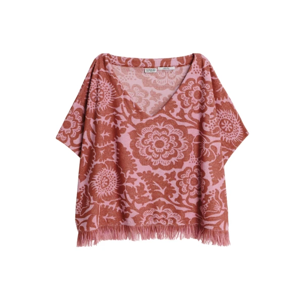 Essentiel Antwerp Pink And Brown Textured Floral Jacquard Cotton-Blend Top With Fringed Trims - Essentiel Antwerp Tops - Colorful Belgian Design - Shop at Coveti