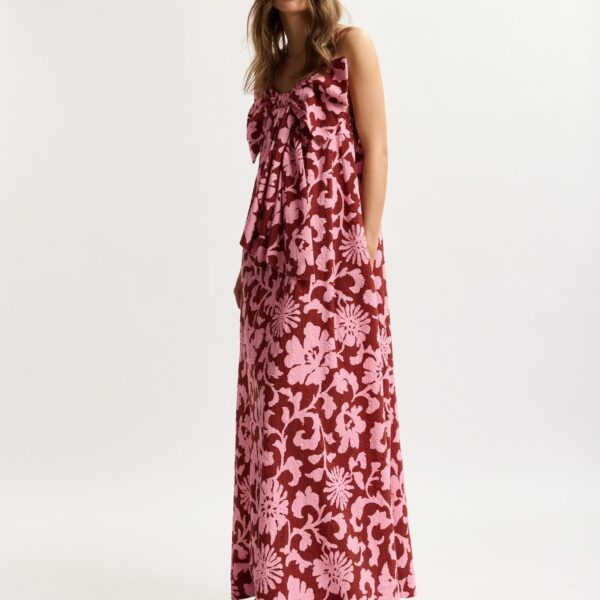 Essentiel Antwerp Pink And Dark Red Floral Print Babydoll Midi Dress With Bow Detail - Essentiel Antwerp Dresses - Colorful Belgian Design - Shop at Coveti