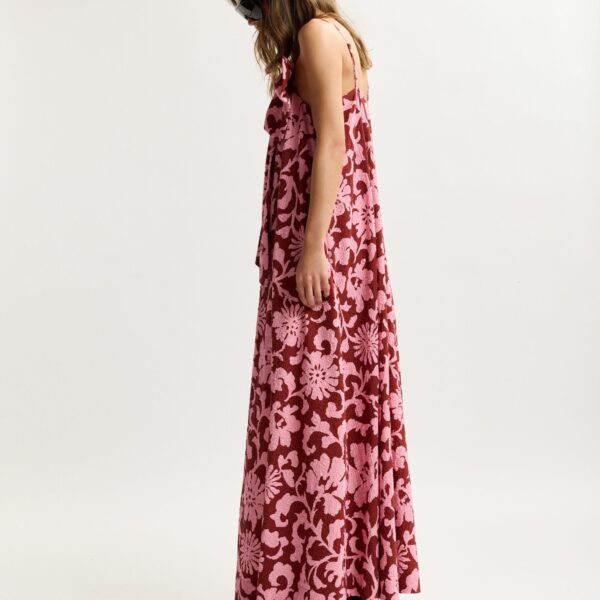 Essentiel Antwerp Pink And Dark Red Floral Print Babydoll Midi Dress With Bow Detail - Essentiel Antwerp Dresses - Colorful Belgian Design - Shop at Coveti