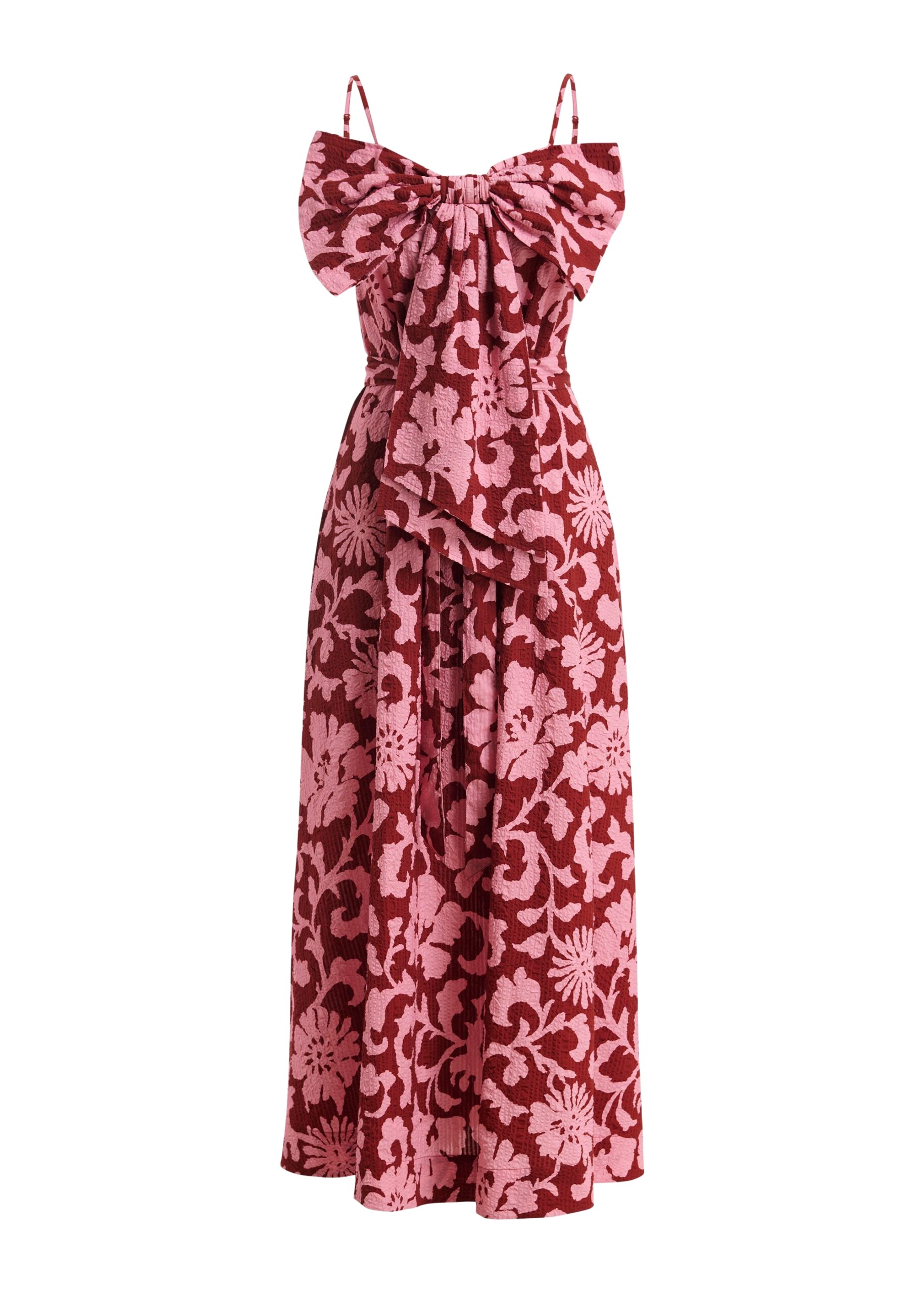 Essentiel Antwerp Pink And Dark Red Floral Print Babydoll Midi Dress With Bow Detail - Essentiel Antwerp Dresses - Colorful Belgian Design - Shop at Coveti