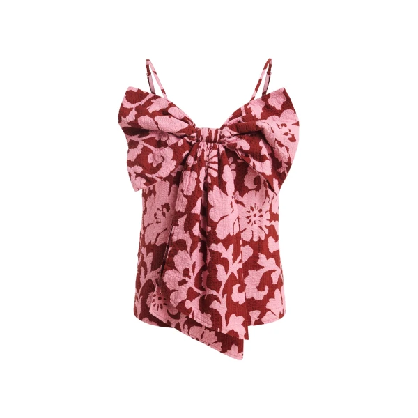 Essentiel Antwerp Pink And Dark Red Floral Print Cotton Top With Bow Detail - Essentiel Antwerp Tops - Colorful Belgian Design - Shop at Coveti