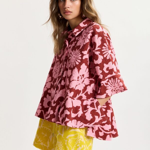 Essentiel Antwerp Pink And Dark Red Peplum Cotton Shirt With Contrasting Collar - Essentiel Antwerp Tops - Colorful Belgian Design - Shop at Coveti