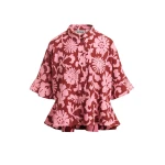 Essentiel Antwerp Pink And Dark Red Peplum Cotton Shirt With Contrasting Collar - Essentiel Antwerp Tops - Colorful Belgian Design - Shop at Coveti