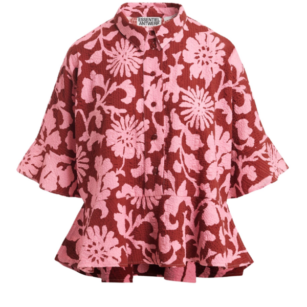 Essentiel Antwerp Pink And Dark Red Peplum Cotton Shirt With Contrasting Collar - Essentiel Antwerp Tops - Colorful Belgian Design - Shop at Coveti