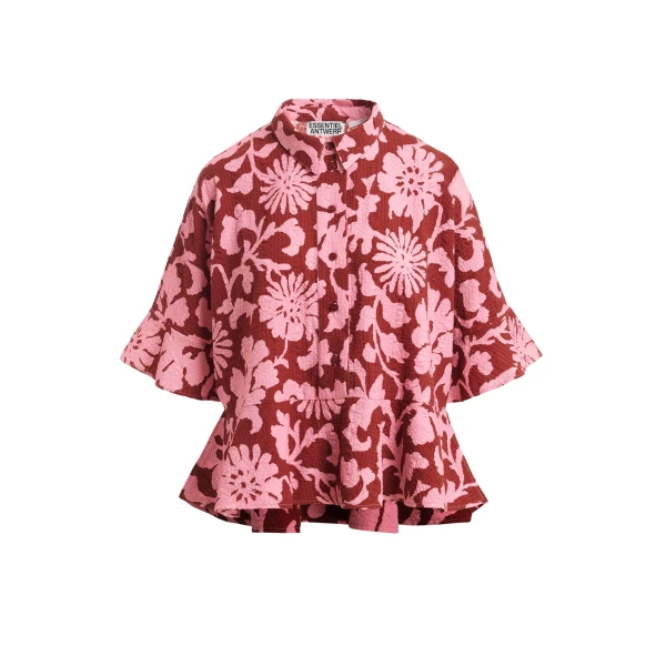 Essentiel Antwerp Pink And Dark Red Peplum Cotton Shirt With Contrasting Collar - Essentiel Antwerp Tops - Colorful Belgian Design - Shop at Coveti