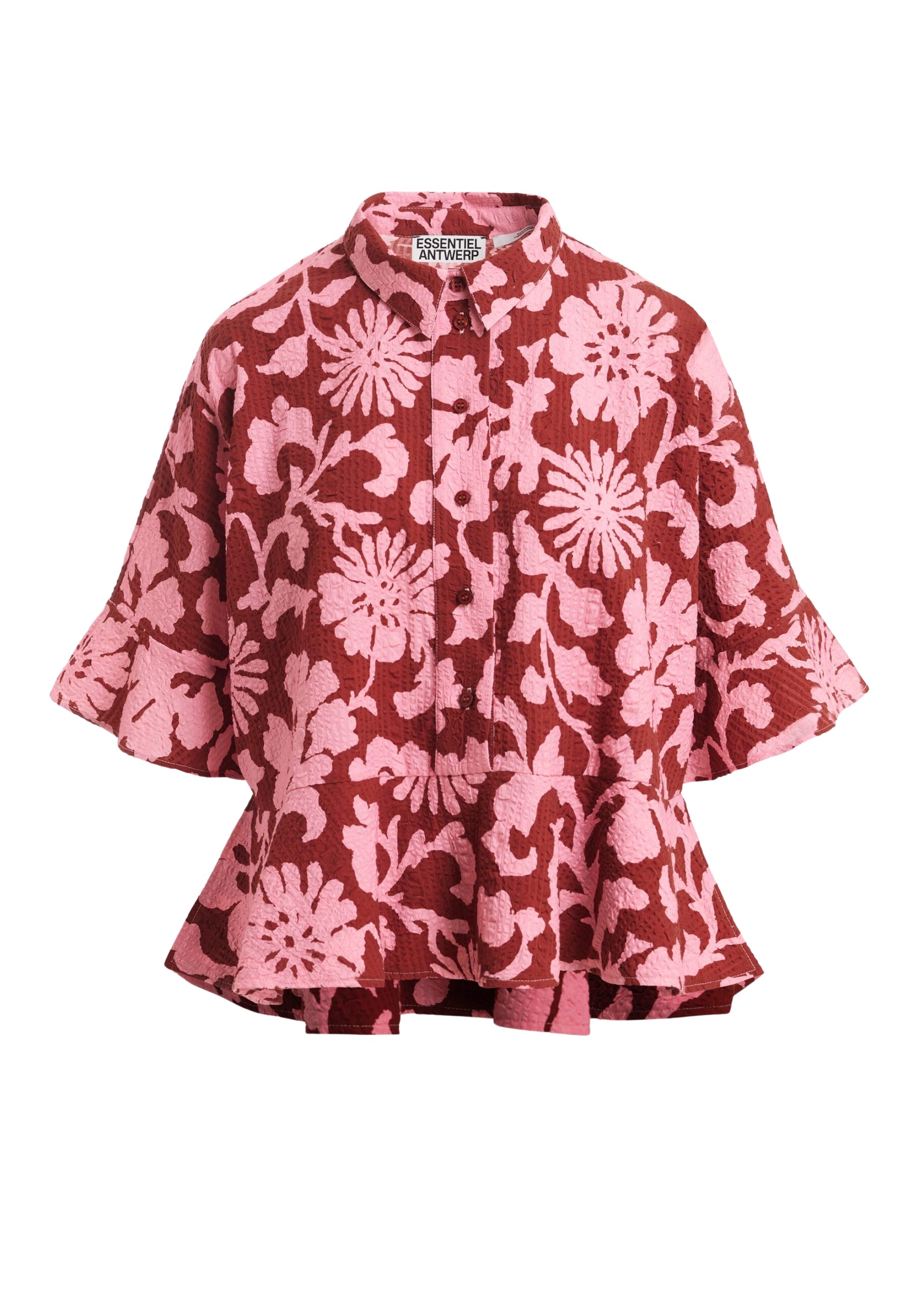 Essentiel Antwerp Pink And Dark Red Peplum Cotton Shirt With Contrasting Collar - Essentiel Antwerp Tops - Colorful Belgian Design - Shop at Coveti