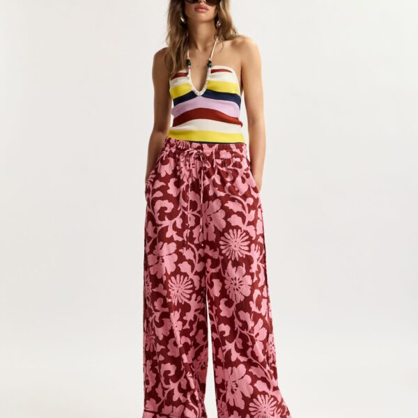 Essentiel Antwerp Pink And Dark Red Wide-Leg Pants With Contrast Stitching - Essentiel Antwerp Pants - Colorful Belgian Design - Shop at Coveti