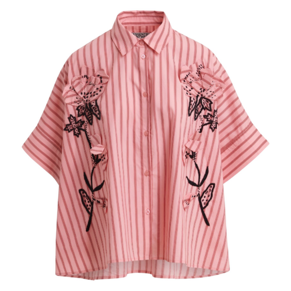 Essentiel Antwerp Pink And Red Oversized Cotton Shirt With Floral Appliqué Embroidery And Bead Embellishments - Essentiel Antwerp Tops - Colorful Belgian Design - Shop at Coveti
