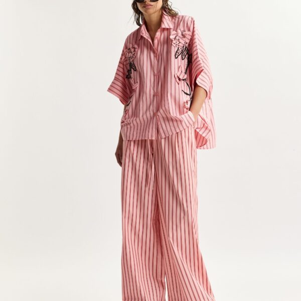 Essentiel Antwerp Pink And Red Striped Cotton Wide-Leg Pants - Essentiel Antwerp Pants - Colorful Belgian Design - Shop at Coveti