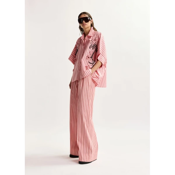 Essentiel Antwerp Pink And Red Striped Cotton Wide-Leg Pants, view 3