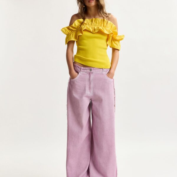 Essentiel Antwerp Purple High-Rise Wide-Leg Jeans With Embellished Side Trims - Essentiel Antwerp Pants - Colorful Belgian Design - Shop at Coveti