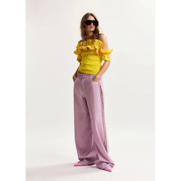 Essentiel Antwerp Purple High-Rise Wide-Leg Jeans With Embellished Side Trims, view 4