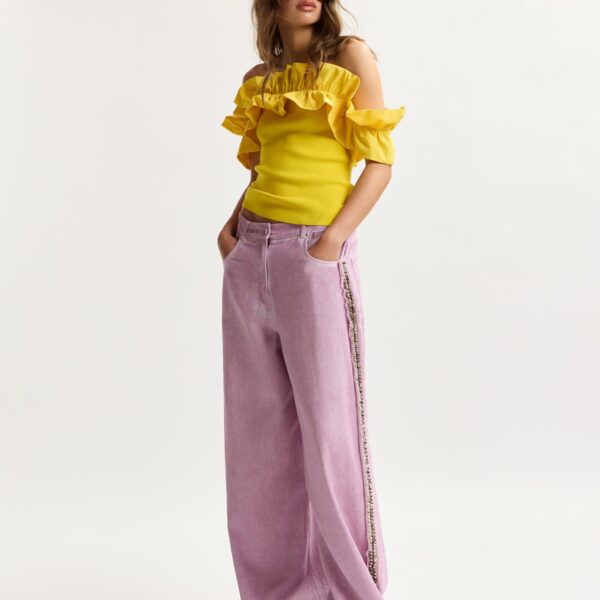 Essentiel Antwerp Purple High-Rise Wide-Leg Jeans With Embellished Side Trims - Essentiel Antwerp Pants - Colorful Belgian Design - Shop at Coveti