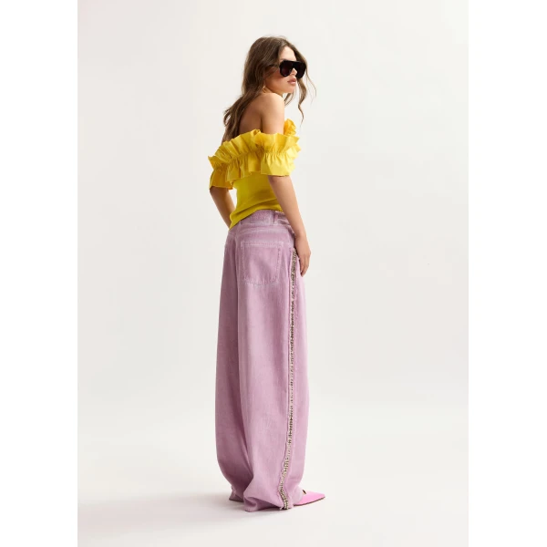 Essentiel Antwerp Purple High-Rise Wide-Leg Jeans With Embellished Side Trims, view 5