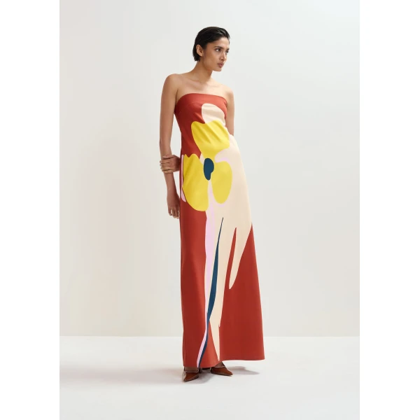 Essentiel Antwerp Rust, Cream And Yellow Strapless Maxi Dress With Oversized Floral Print, view 2