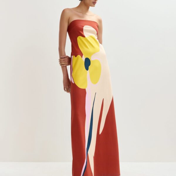 Cream And Yellow Strapless Maxi Dress With Oversized Floral Print - Essentiel Antwerp Dresses - Colorful Belgian Design - Shop at Coveti