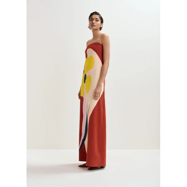 Essentiel Antwerp Rust, Cream And Yellow Strapless Maxi Dress With Oversized Floral Print, view 3