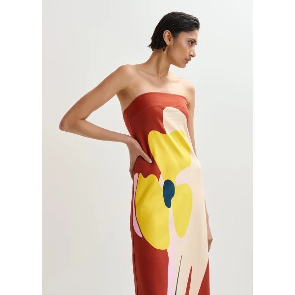 Essentiel Antwerp Rust, Cream And Yellow Strapless Maxi Dress With Oversized Floral Print, view 4